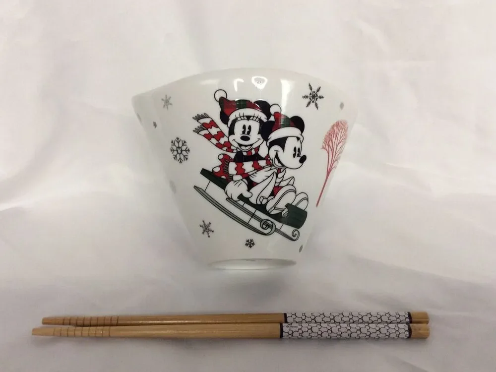 Disney Mickey & Minnie Mouse Christmas Holiday Ramen Bowl Chopsticks Sled Winter